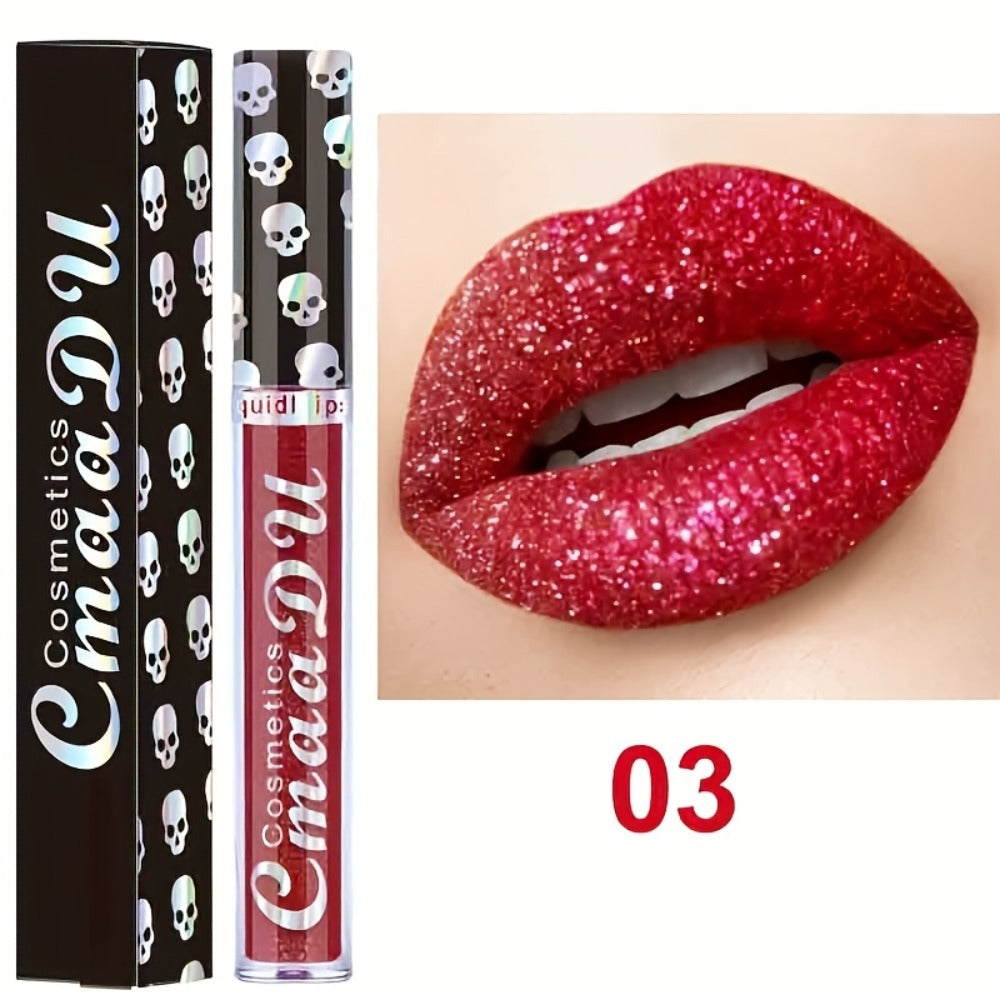 Glitter Lip Gloss Set 3pcs Skull Design Shimmer Liquid Lipstick Long Lasting Easy Remove Bold Shiny Lip Color for Music Festi