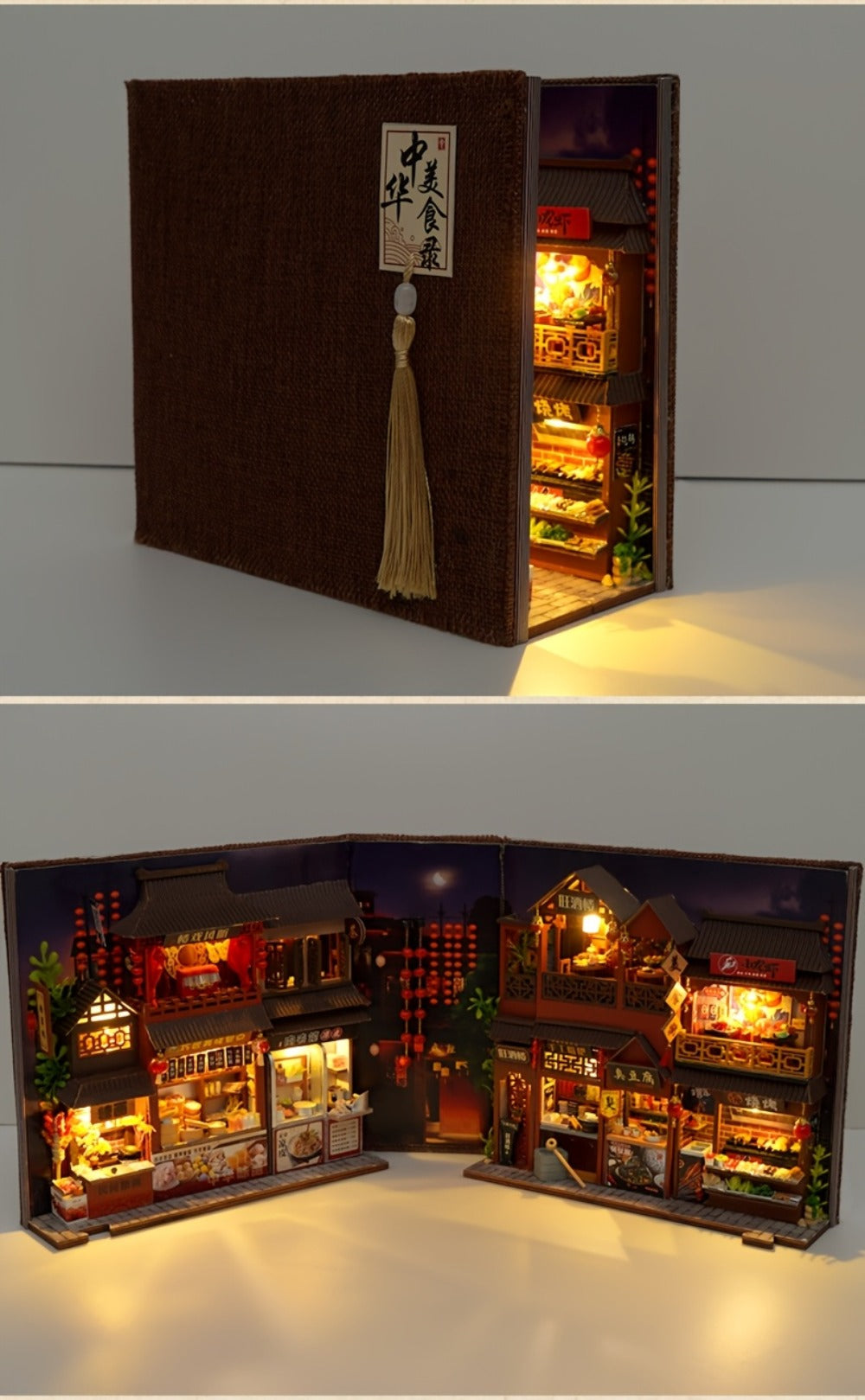 Book Nook Kit Chinese Food Street Miniature Dollhouse 3D Wooden Puzzle Bookshelf Insert DIY Model Building Set for Adults Tee