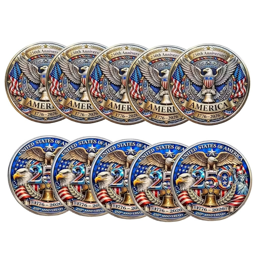 US 250th Anniversary Commemorative Coins 1776-2026 Set of 10 – America 250 Collectible Coins with Dual Historical Patterns — 