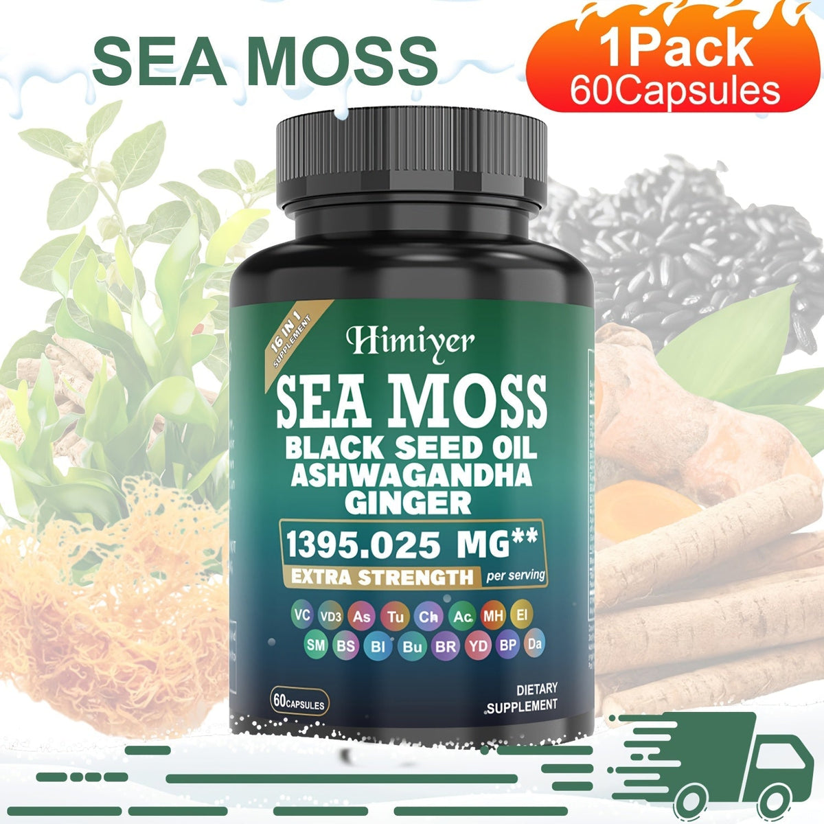 Sea Moss Ashwagandha Capsules 16-in-1 with Black Seed Oil Turmeric Cinnamon, Boosts Energy Immunity & Athletic Performance — 