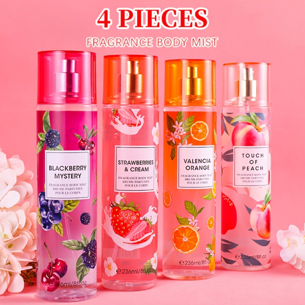 Body Spray for Women 4-Pack 8.4oz Each Hair Body Fragrance Mist Set 20 Floral Fruity Scents Daily Use Gift Value Bundle 250ml