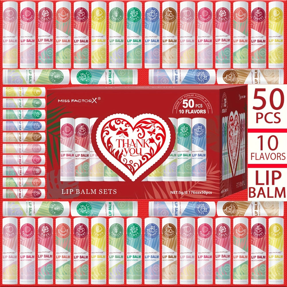 Fruit Flavored Lip Gloss Set 50 Pieces – Moisturizing Lip Balm Kit in 10 Colors, Hydrating Lip Care for Dry & Cracked Lips, D