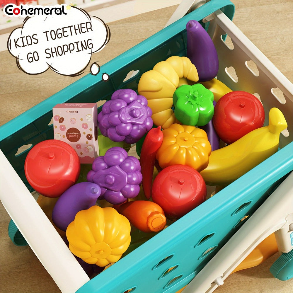 Kids Pretend Play Shopping Cart Toy Set with Realistic Food & Grocery Accessories, Supermarket Role Play for Toddlers Girls B