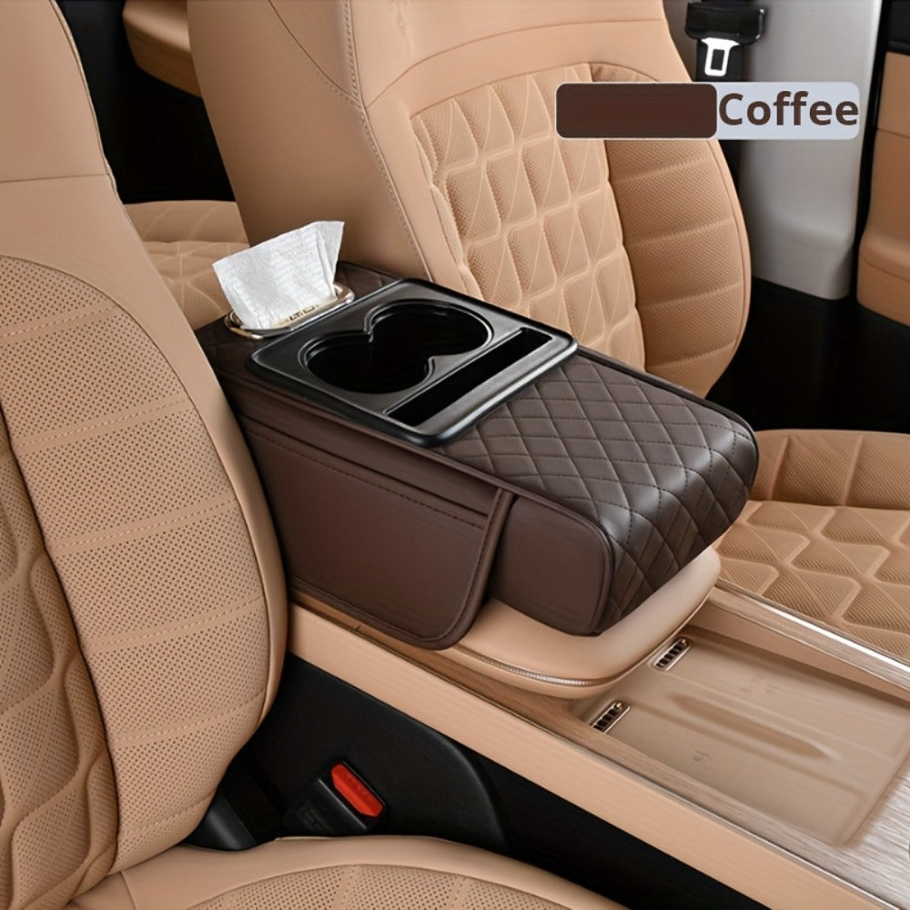 Car Center Console Cover PU Leather – Universal Armrest Box Mat with 2 Cup Holders & 2 Side Pockets, Phone & Card Storage — i