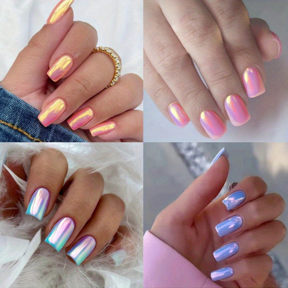 Press On Nails 96-Piece Short Square Set with Pink Chrome Mirror Metallic Full-Cover Finish — image 16