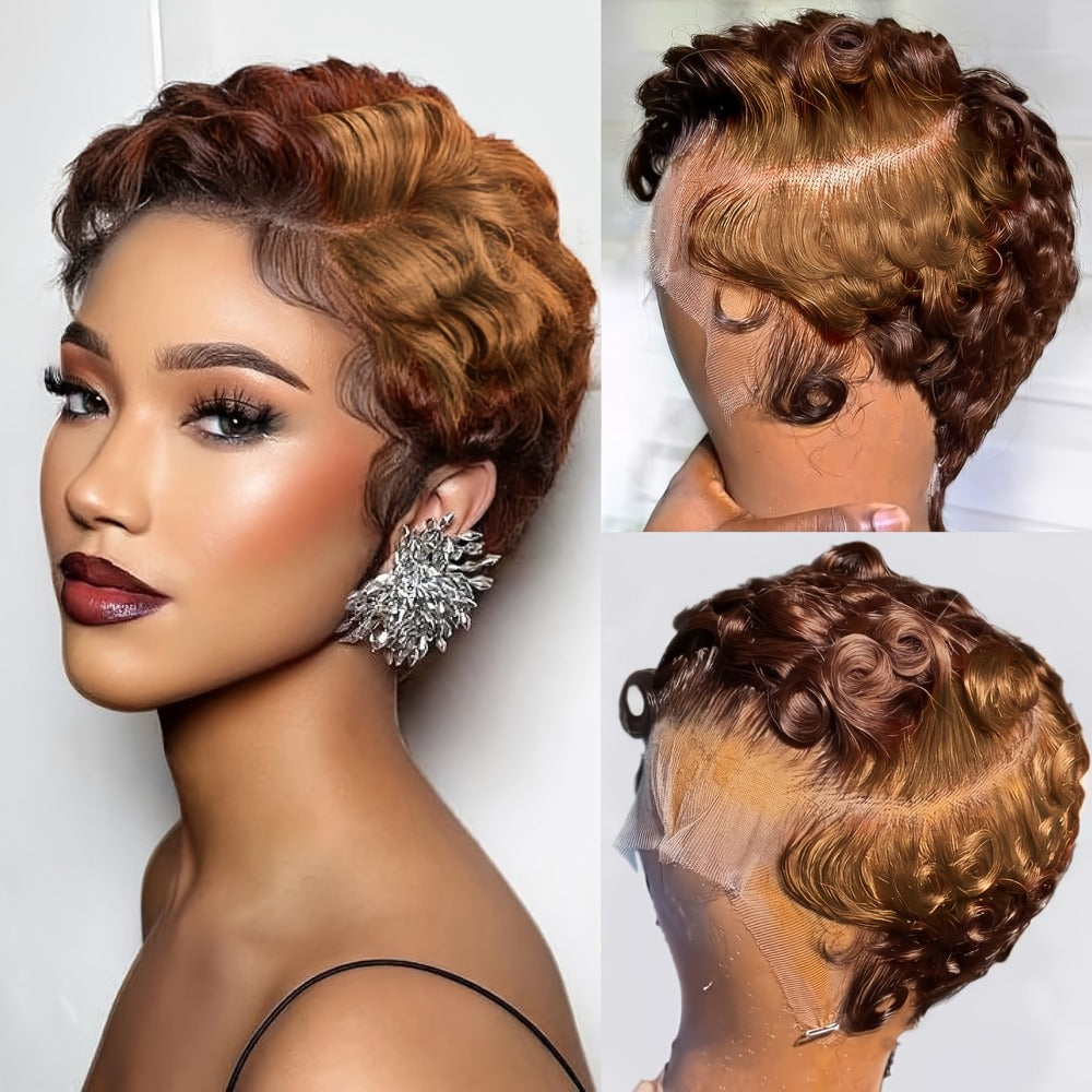 Pixie Cut Wig Human Hair 13x4 HD Lace Front Short Curly Body Wave Loose Deep Wave Finger Wave, for Home, Travel and Salon Hai