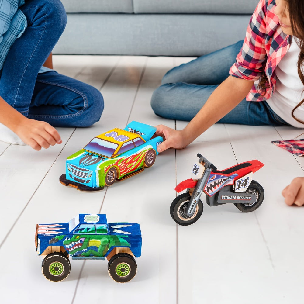 Build and Paint Wooden Vehicle Kit for Kids 144 Pieces, Race Car Motorcycle Monster Truck, 12 Colors 3 Brushes Racing Decals 