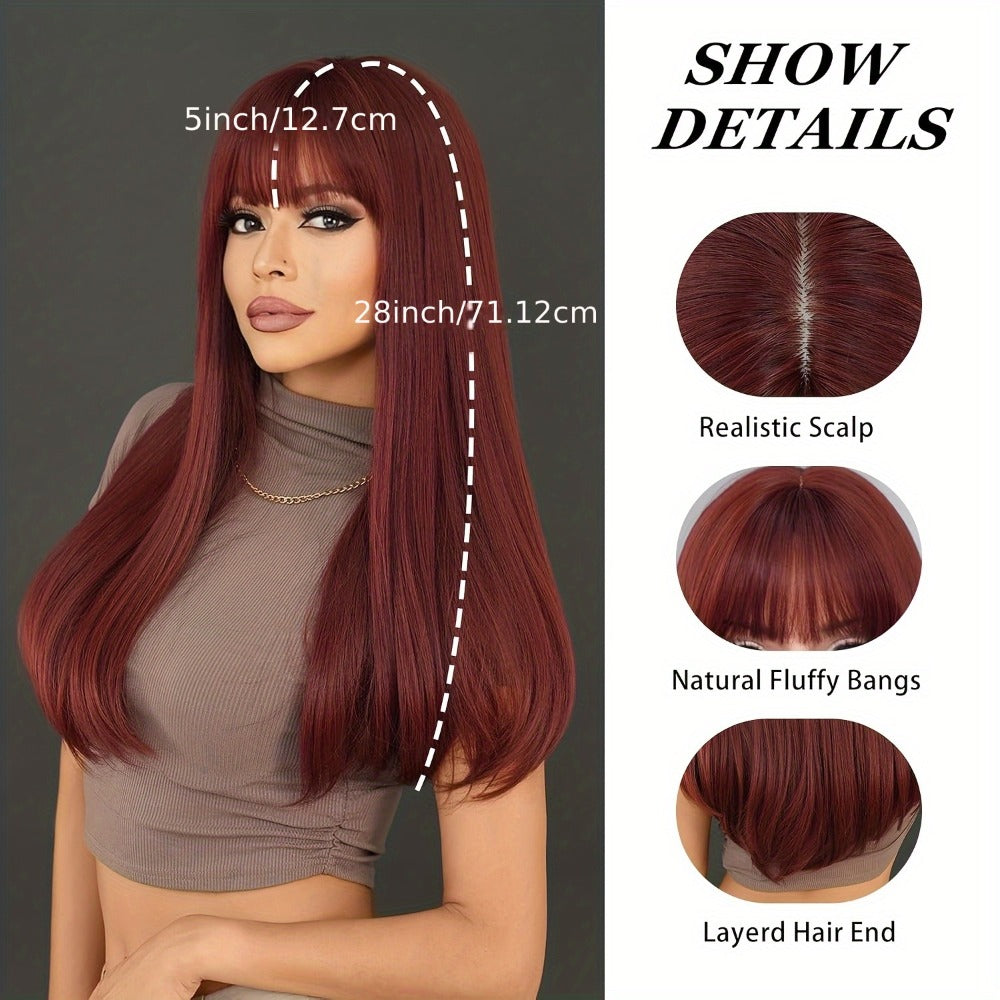 Long Straight Wig with Bangs Burgundy Wine Red 28 Inch Synthetic Heat Resistant Lightweight for Women Daily Wear Holiday Part