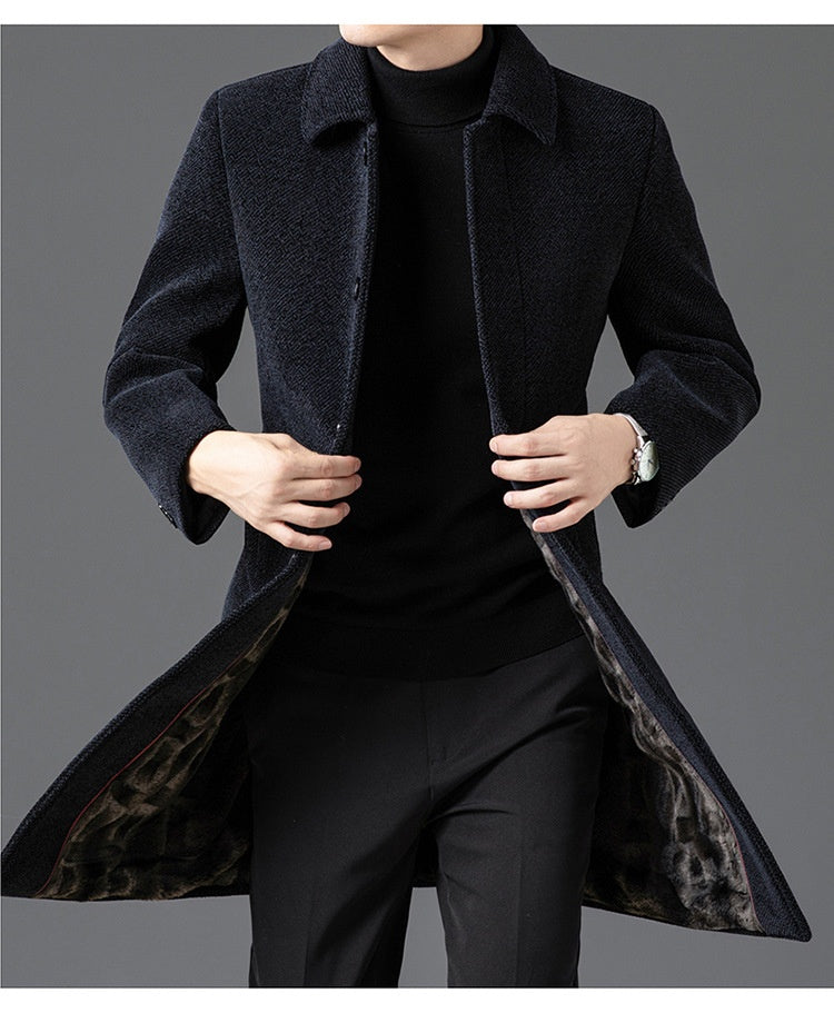 Temperament Lapel With Velvet Men's Woolen Coat