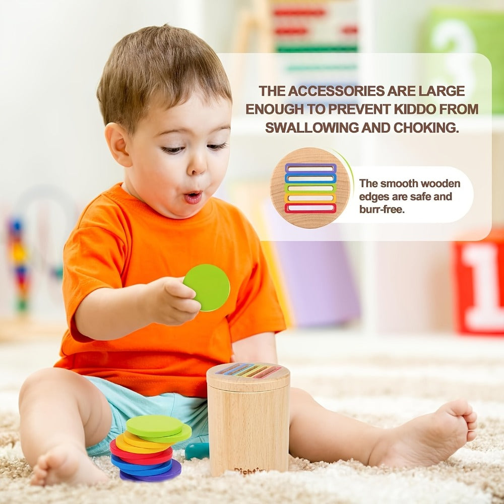 Wooden Color Sorting Coin Box Toy for Toddlers 1+, Montessori Educational Sensory Learning Toy with 10 Colorful Blocks & Stor