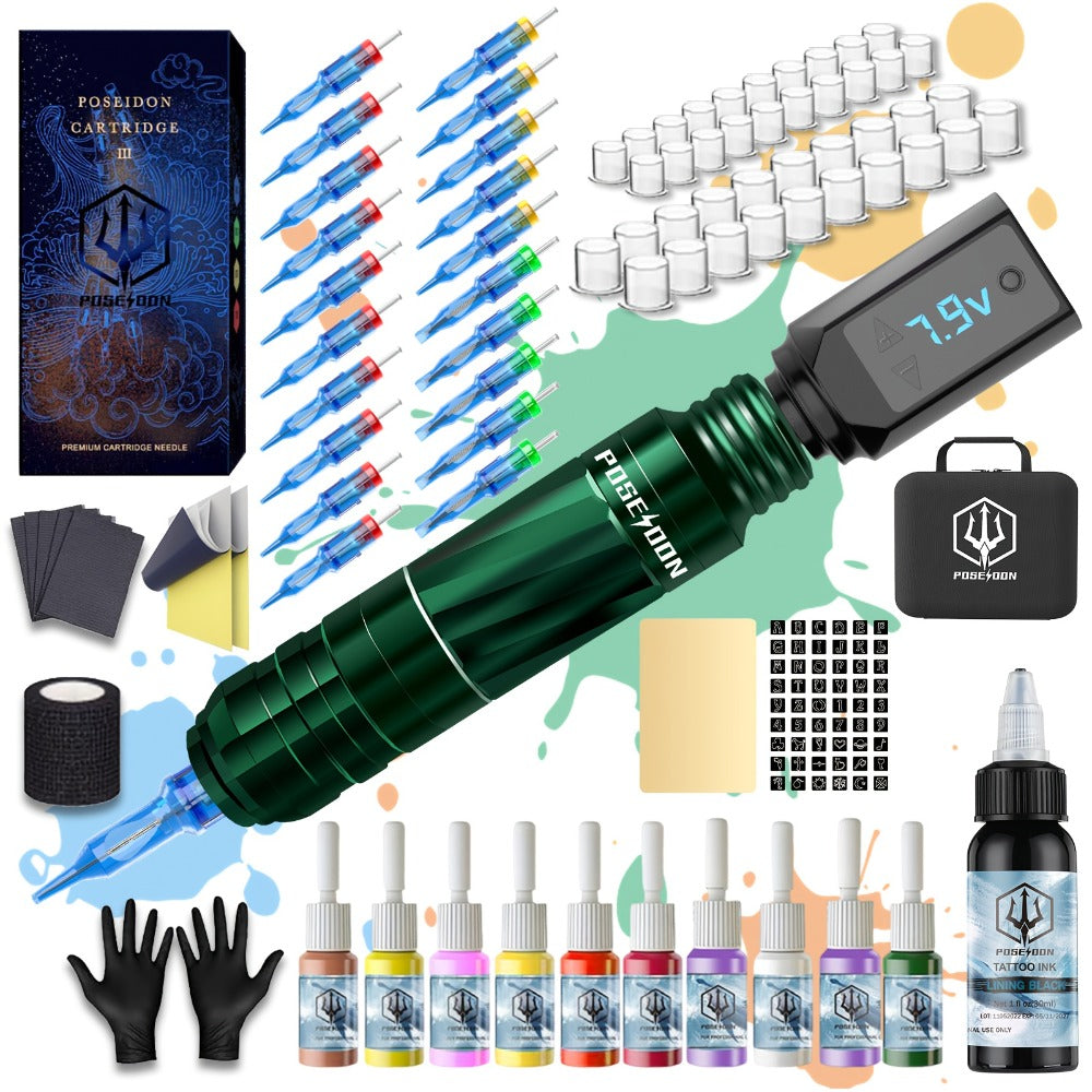Tattoo Machine Kit POSEIDON V3 PRO LTK06 Wireless Pen with Extra 1400mAh Battery, LCD, 20 Cartridges and 6 Inks — image 1
