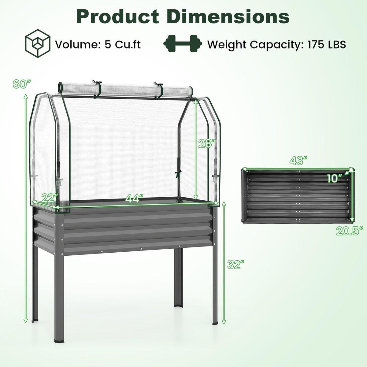 Elevated Raised Garden Bed with Greenhouse Cover 3-in-1, 44"x22"x60" Electroplated Metal Planter Box with Legs — image 2