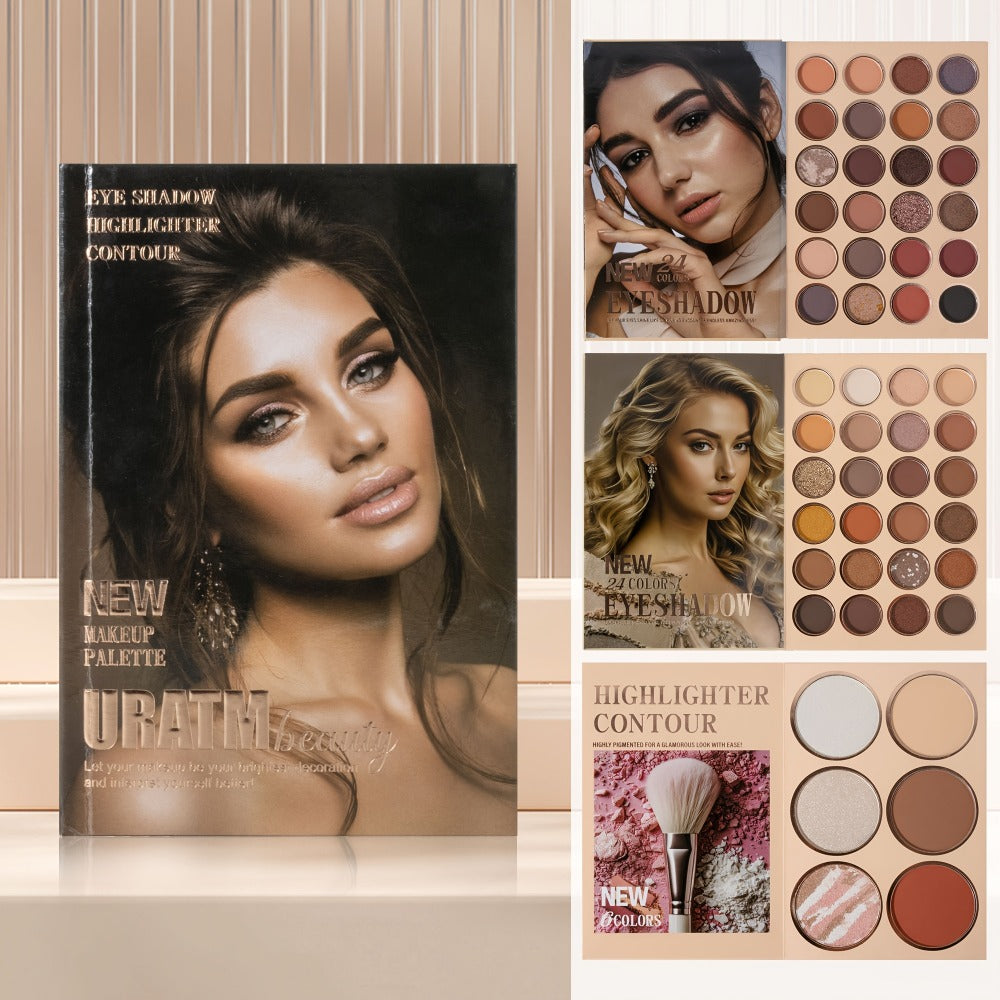 3-in-1 Eyeshadow Blush Highlighter Palette Loose Powder Book-Style Folding Compact Buildable, for Makeup, Travel and Everyday