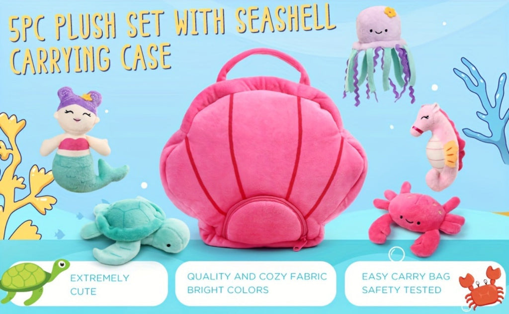 Plush Toy Five-Piece Ocean Creature Set with Mermaid, Sea Animals and Pink Shell Carry Bag — image 9
