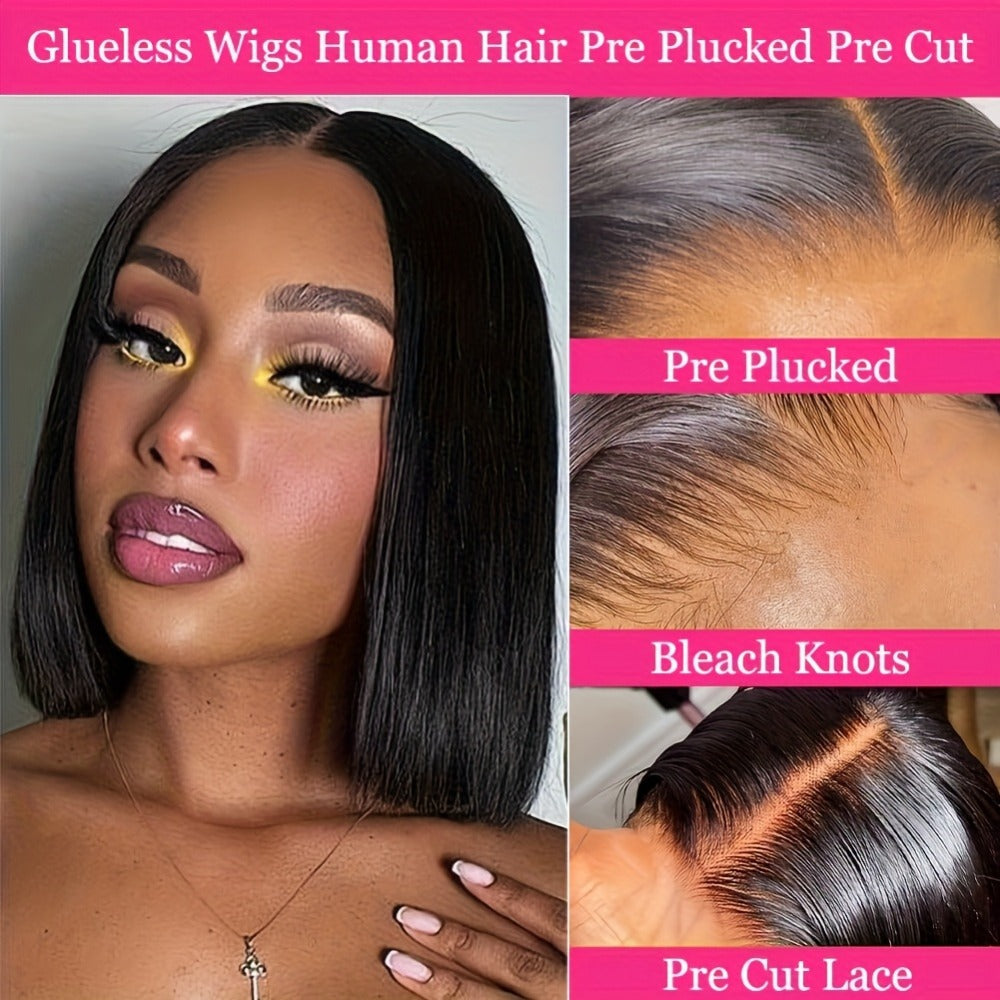 Bob Wig Human Hair 250% Density 4x4 HD Lace Straight Glueless Pre Cut Pre Plucked Wear and Go Natural Black for Women Daily W