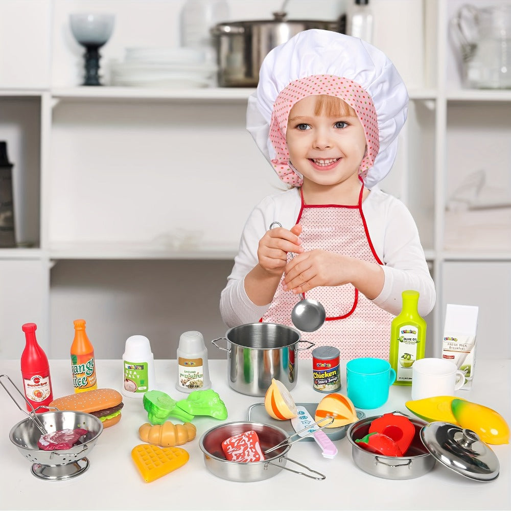 Kids Kitchen Playset 37pcs, Stainless Steel Play Pots & Pans Set with Apron, Chef Hat, Cooking Utensils & Play Food — image 2
