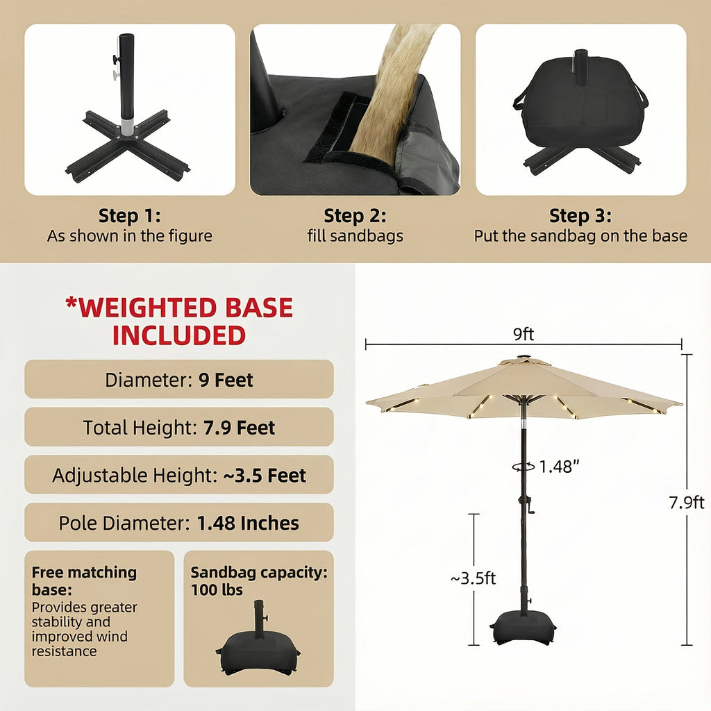 Patio Umbrella 9FT Solar LED Style with 32 Lights, Double Vent, Push Tilt, Crank and Eight Color Options — image 4