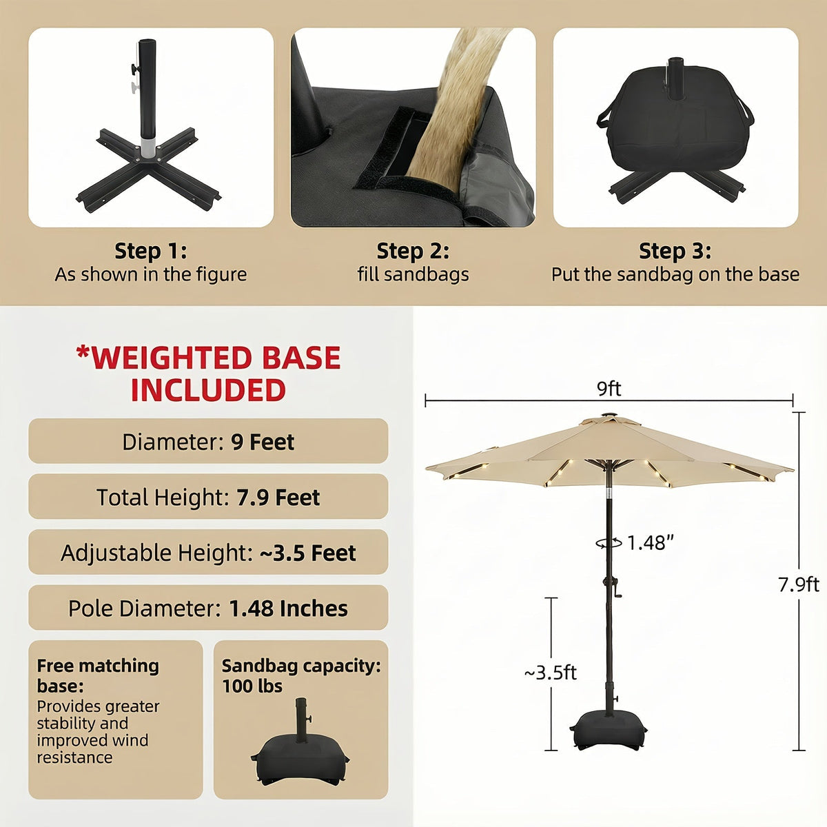 Patio Umbrella 9FT Solar LED Style with 32 Lights, Double Vent, Push Tilt, Crank and Eight Color Options — image 4