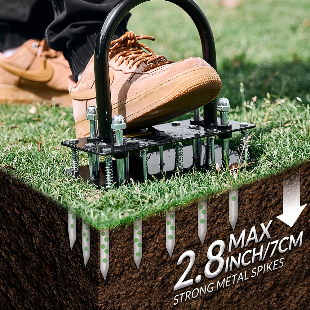 Self-Cleaning Lawn Aerator with 14 Iron Spikes – Spring-Loaded Auto-Clean Mechanism for Leaves & Dirt, Manual Soil Loosening 