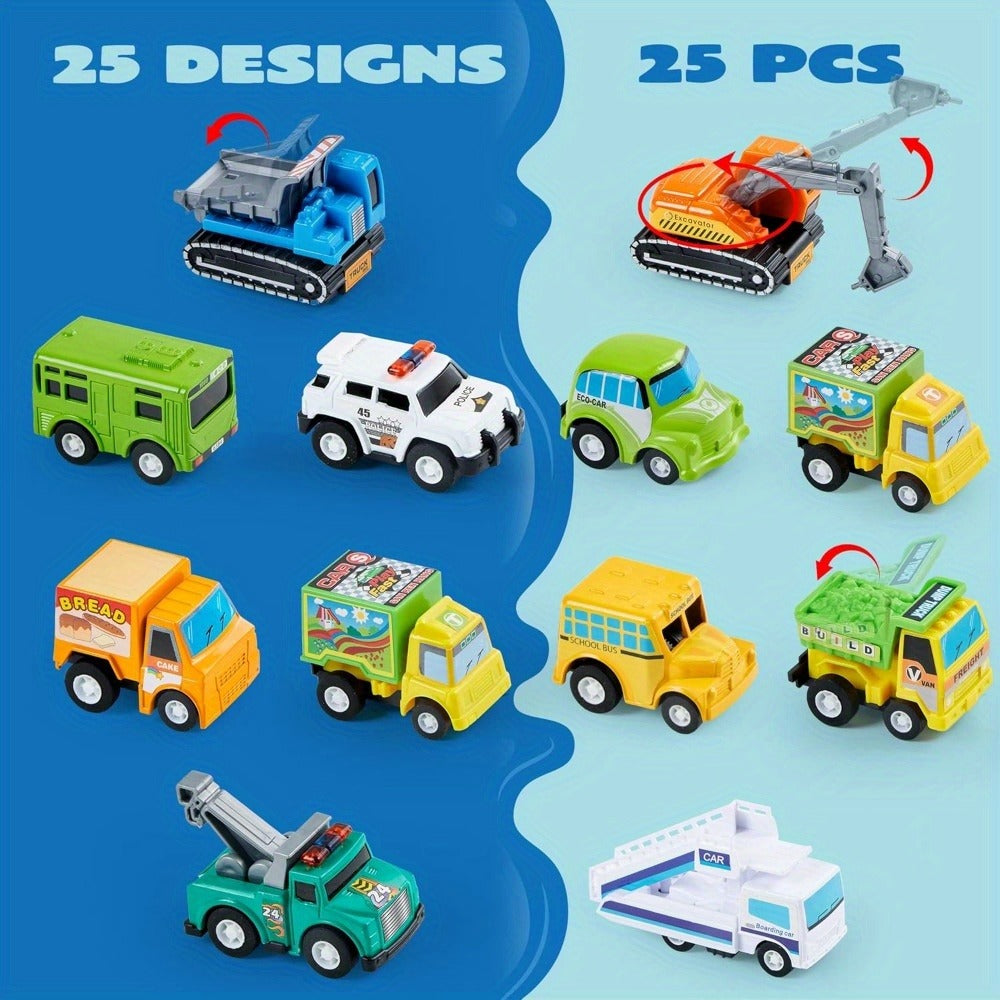 25PCS Pull Back Cars & Trucks Toy Vehicle Set for Kids, Fire Truck, Police Car, School Bus & More — image 3