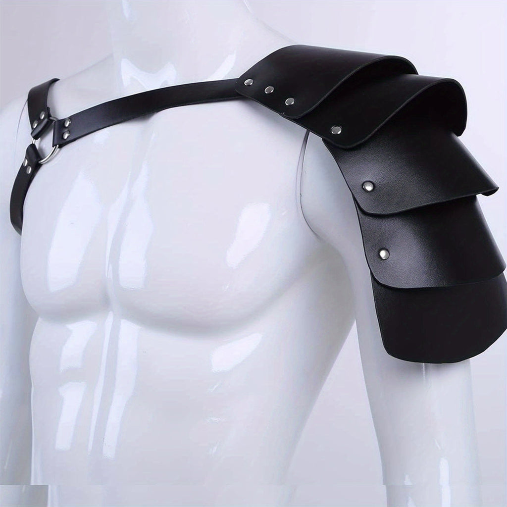 PU Leather Shoulder Armor Warrior Costume Prop with Belt for Men, Single Pauldron Medieval Knight Armor Dress Up Accessory fo