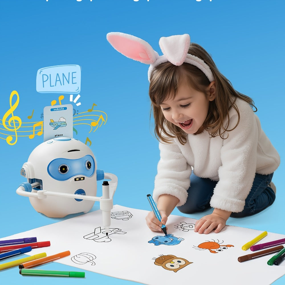 Drawing Robot for Kids Ages 3-8, Rechargeable 4-in-1 Interactive Learning Machine with 100 Drawing Cards & Color Pens — image