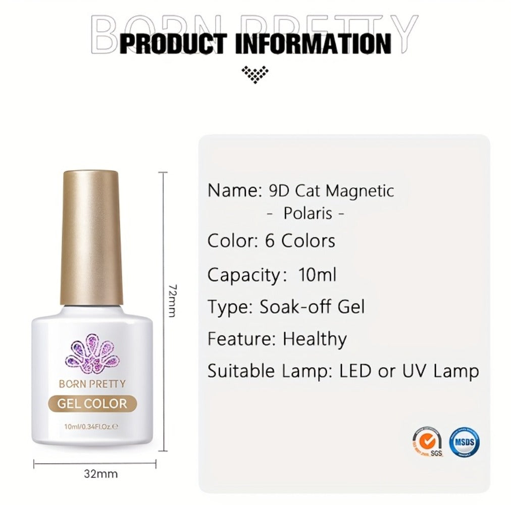 Gel Nail Polish 6-Color 9D Polaris Magnetic Set with Six 10ml Glass-Water-Light Shades for Nail Art — image 12