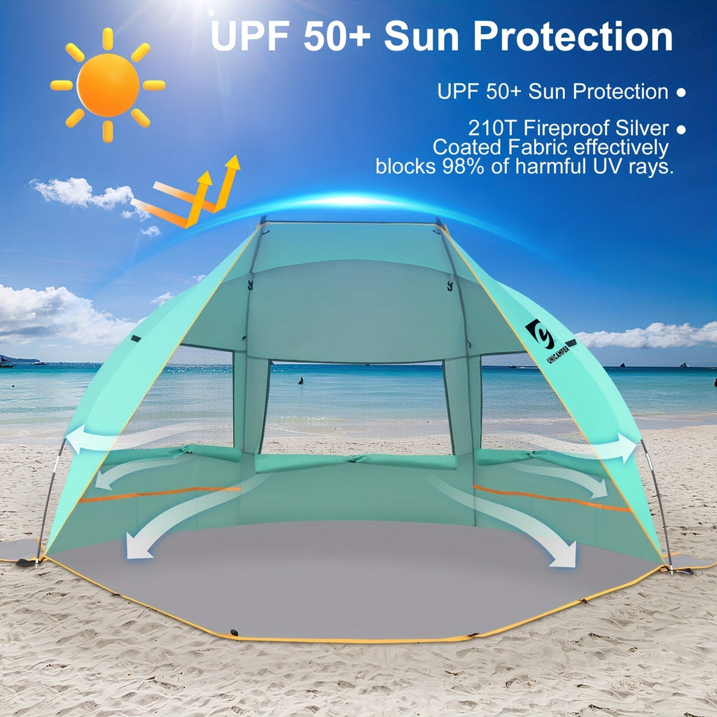 Three-Window Beach Sun Shelter with Extended Floor, 12 Stakes and Green or Blue Options Pictured — image 1