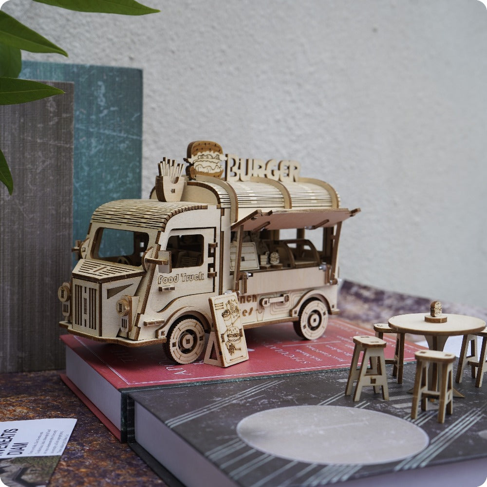 Wooden Food Truck 3D Puzzle Model Kit with Burger Stand Body, Miniature Tables and Pictured 21.5 cm Length — image 1