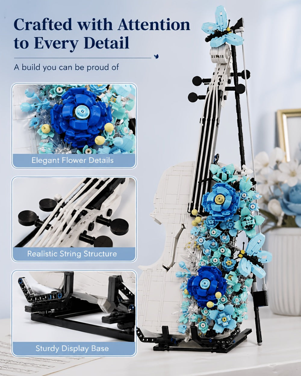 1419-Piece Flower Violin Building Block Model with Brick-Built Stand, Blue Blooms and Panel Detail — image 15
