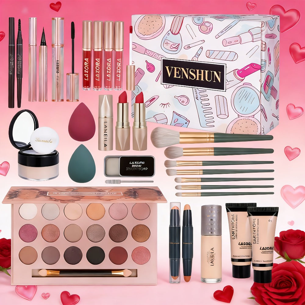 Full Face Makeup Gift Set for Women, Foundation, 18-Color Eyeshadow Palette, Coral Lipstick & Eyebrow Pencil — image 1