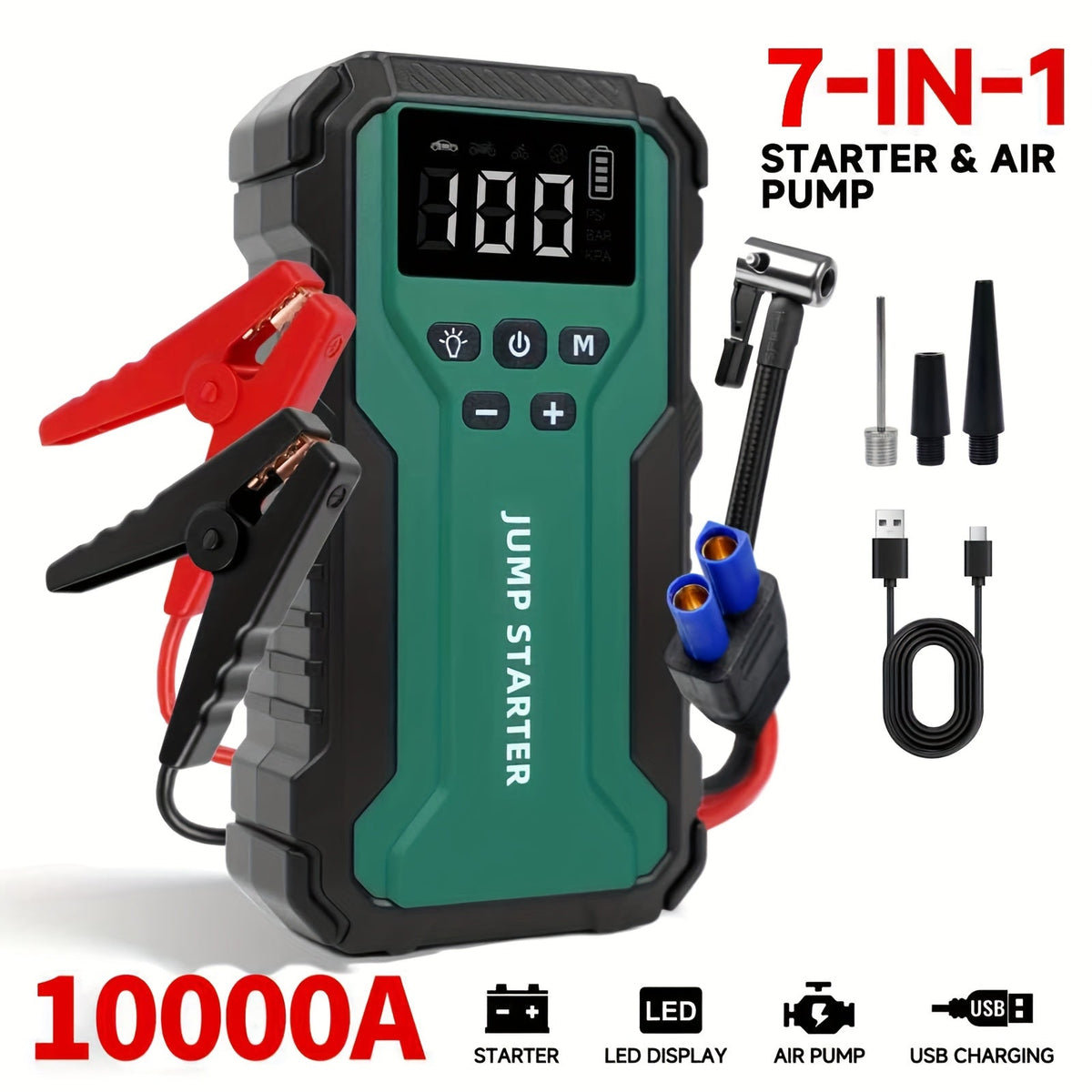10000A Car Jump Starter with 12V Clamps, LED Light and Optional Integrated Air Pump in Red, Green or Gray — image 1