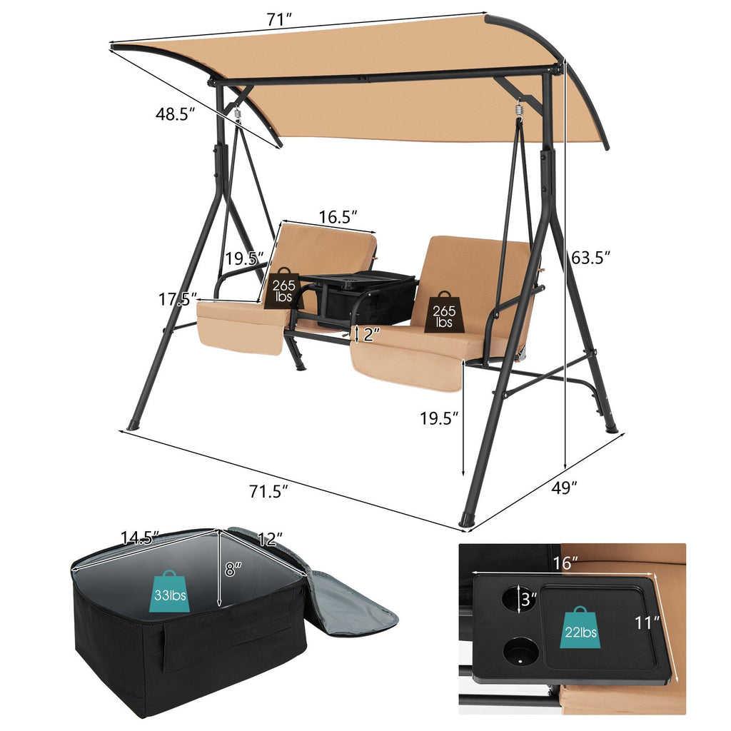Patio Canopy Swing 2-Person with Cooler Bag Rotatable Tray Cushions 529lbs Backyard — image 6