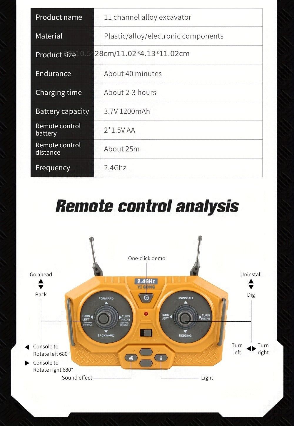 RC Bulldozer 1:24 Scale Alloy with 680° Rotation & Working Arm, 2.4GHz Remote Control Construction Vehicle for Kids — image 1