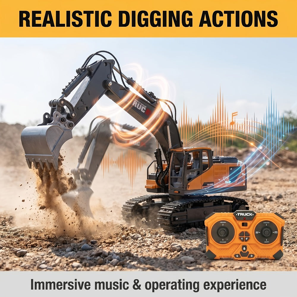 RC Excavator Toy for Kids Track Type 2.4GHz, 1200mAh Rechargeable Remote Control Construction Truck with Metal Shovel & LED L