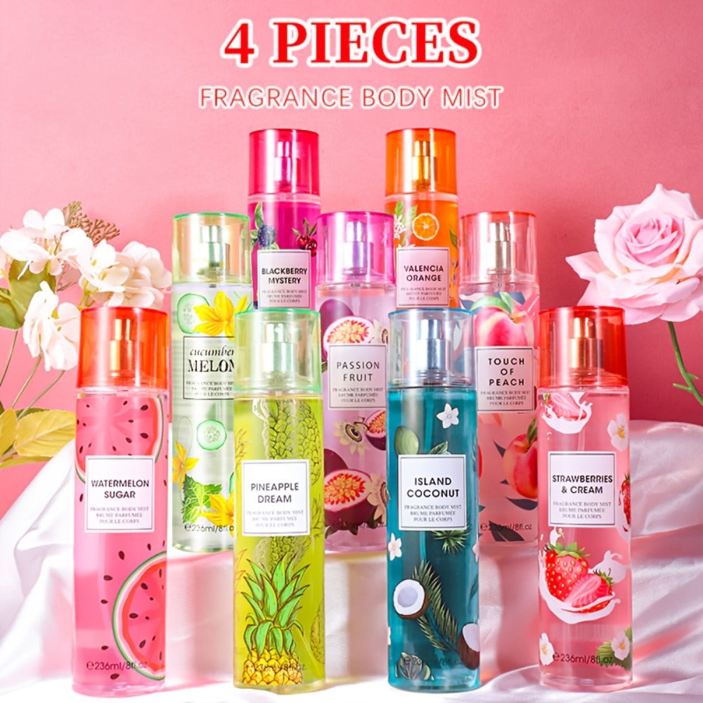 Body Spray for Women 4-Pack 8.4oz Each Hair Body Fragrance Mist Set 20 Floral Fruity Scents Daily Use Gift Value Bundle 250ml