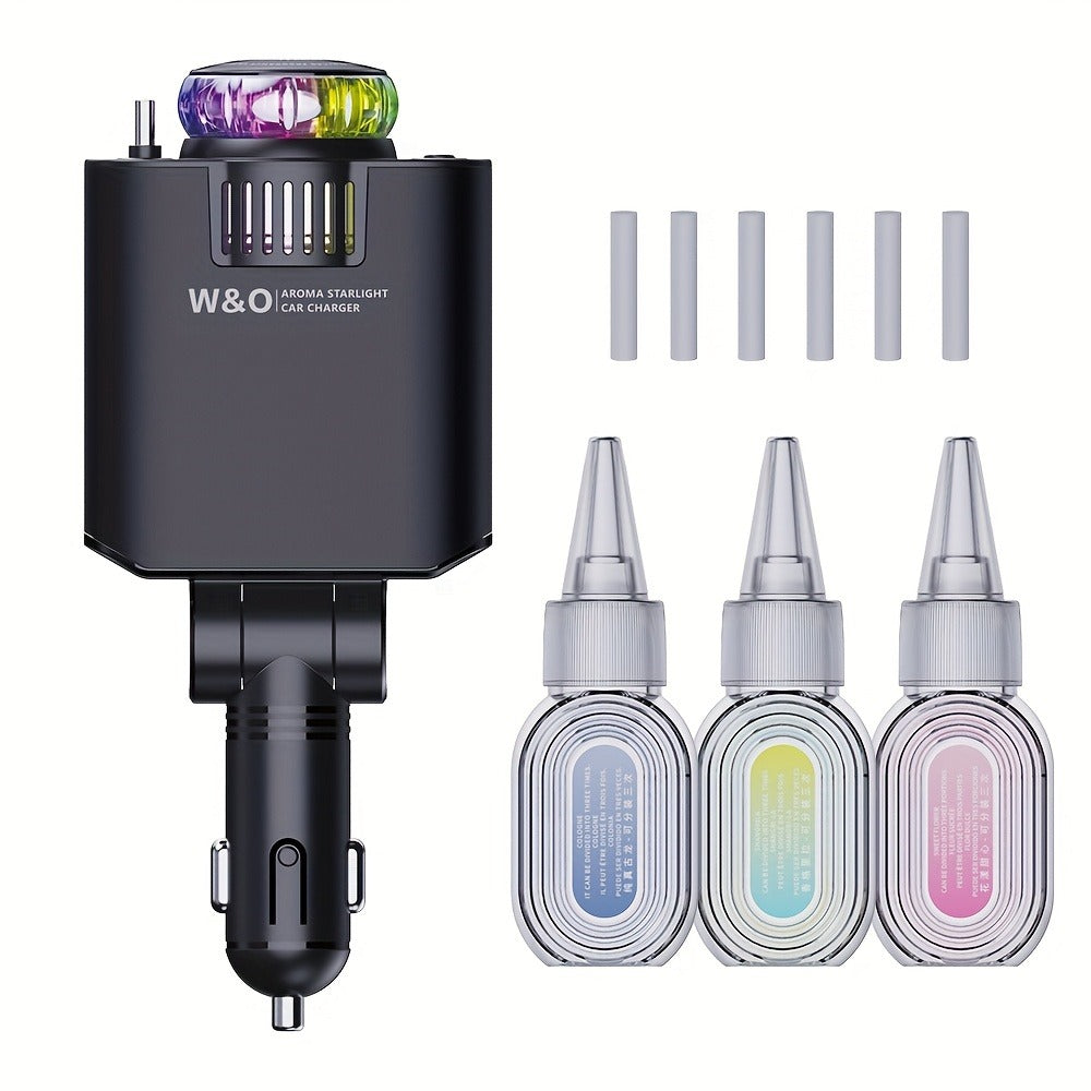 3-in-1 Car Charger, Air Freshener & Starry Sky Ceiling Light – Retractable Type-C & Lightning Cable, Aromatherapy Perfume — i