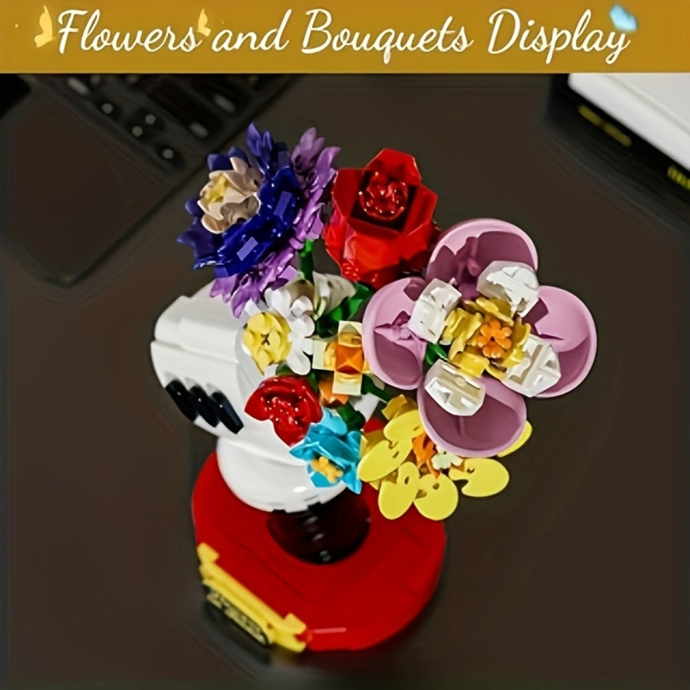DIY Flower Bouquet Building Blocks Set with Display Stand – Multicolor Brick Flower Maker Home Decor Never Wilts Mother's Day
