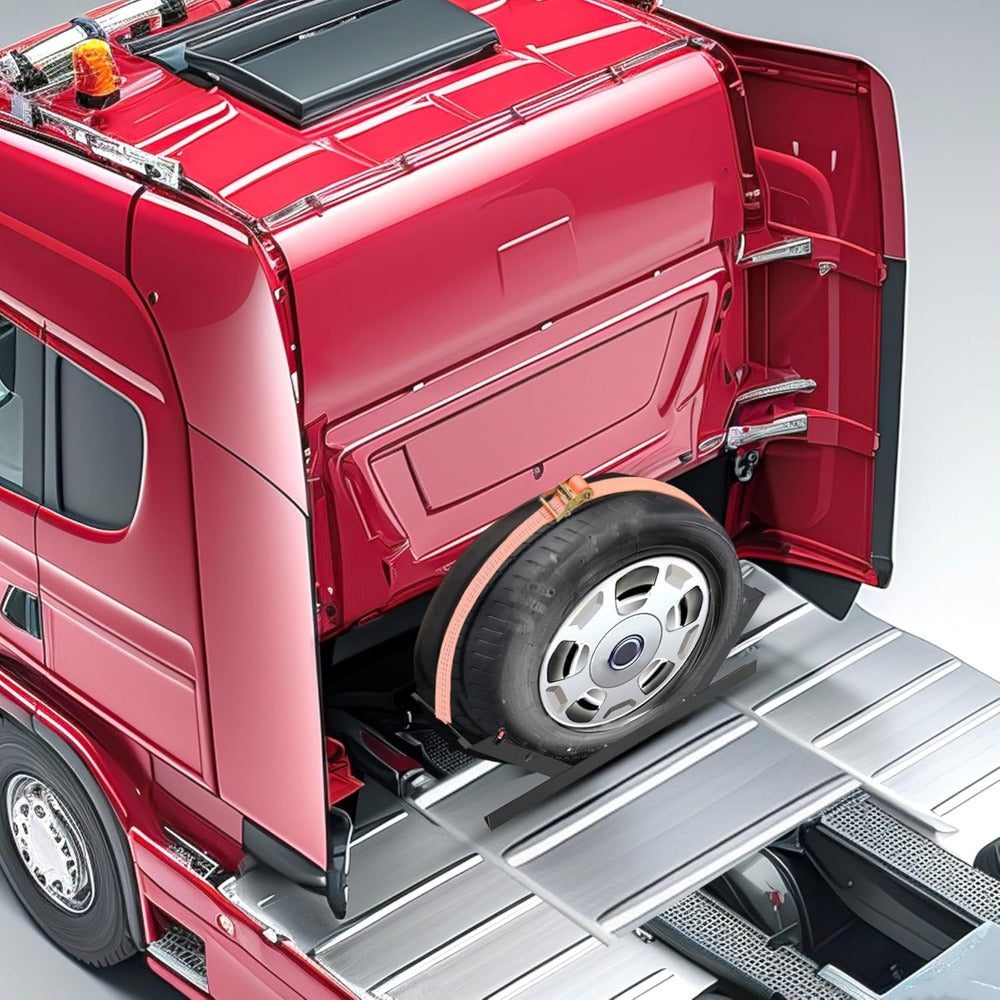 Semi Truck Spare Tire Carrier Rack Adjustable Steel Holder with Anti-Sway Chain & Ratchet Strap for Class 8 Semi-Trailers Ken