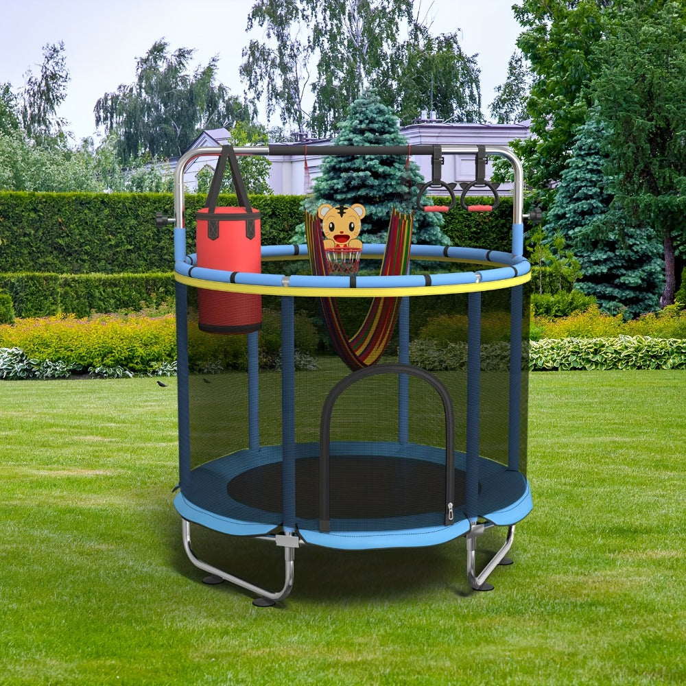 60 Inch Trampoline with Enclosure and Gymnastics Bar, Height Adjustable Indoor Outdoor Round Trampoline with Toys for Kids — 