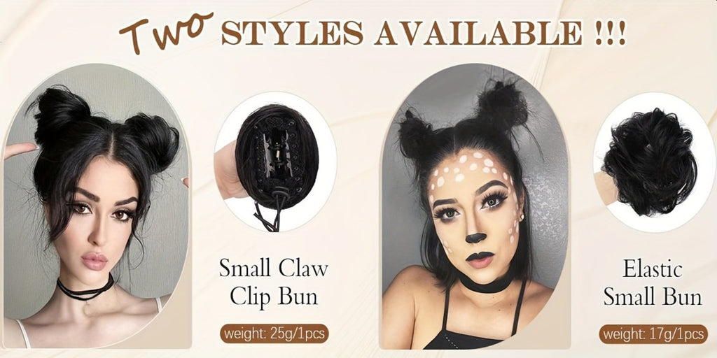 Mini Donut Bun Hairpiece with Cat Ears Claw Clip Messy Bun Synthetic Fiber Instant Updo – 2 Pcs Set for Women Girls All Hair 