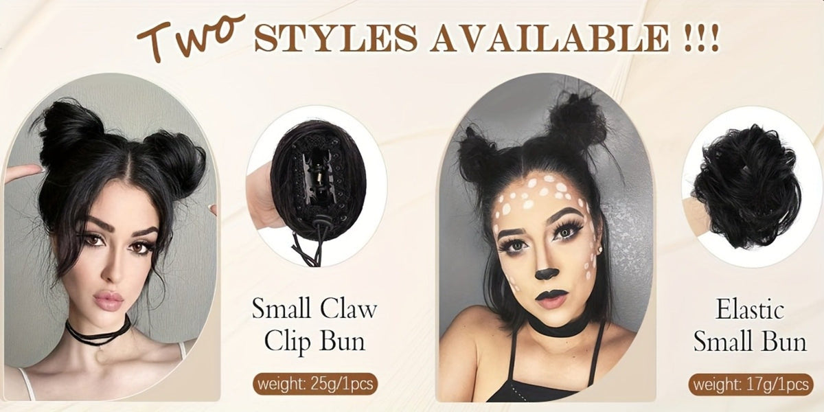 Mini Donut Bun Hairpiece with Cat Ears Claw Clip Messy Bun Synthetic Fiber Instant Updo – 2 Pcs Set for Women Girls All Hair 