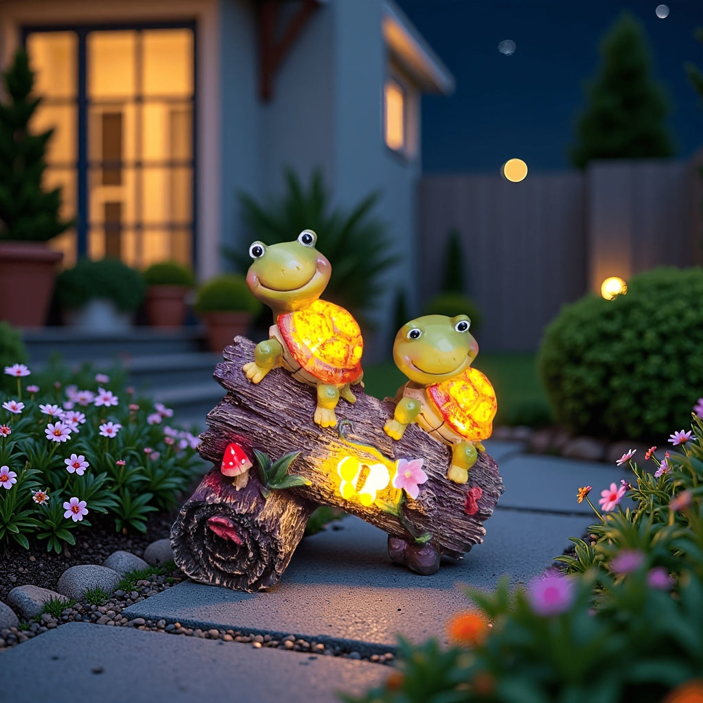 Solar Garden Turtle Statue with 4 LED Lights IP44 Waterproof Resin Frog Face Turtle Figurine Outdoor Decor for Patio Lawn Yar