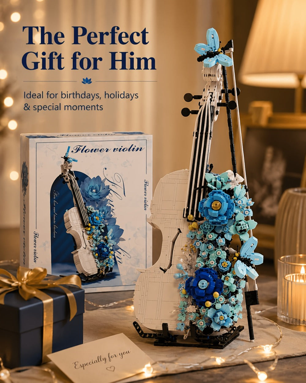 1419-Piece Flower Violin Building Block Model with Brick-Built Stand, Blue Blooms and Panel Detail — image 19
