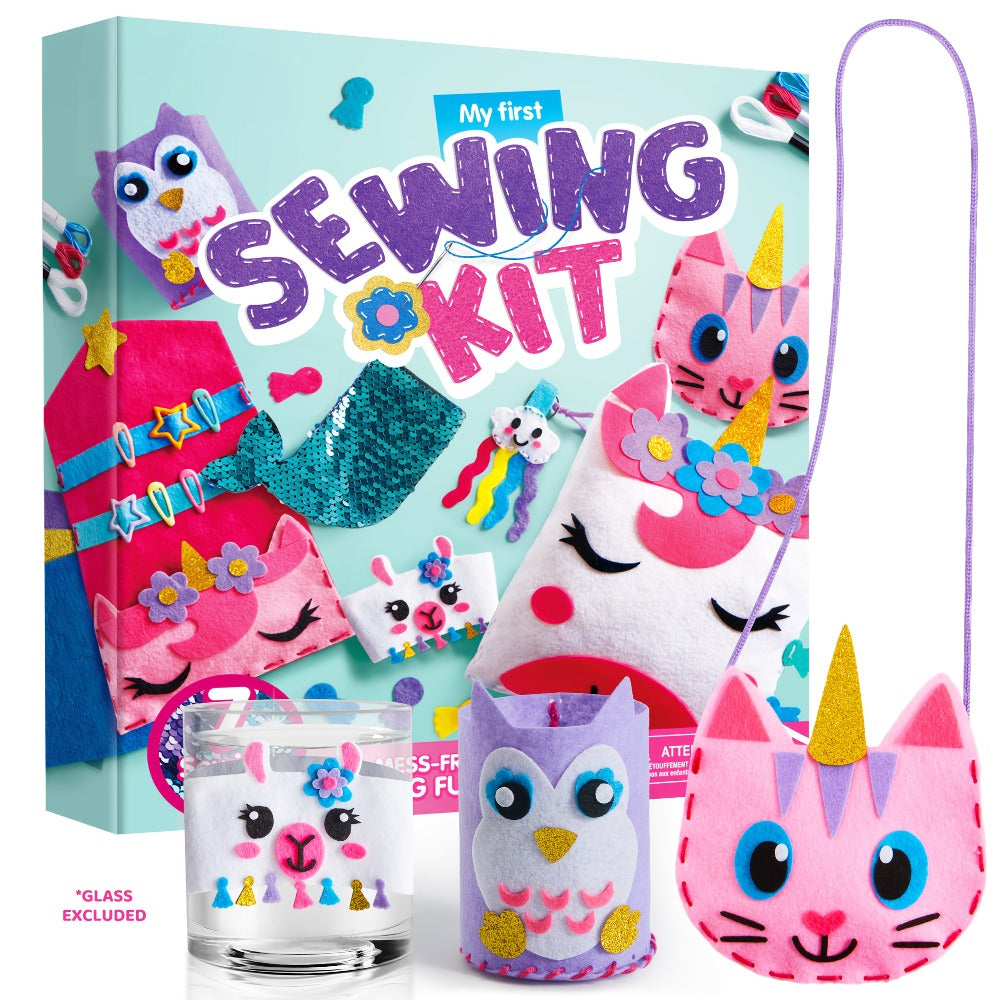 Kids Sewing Kit for Beginners 7 Felt Craft Projects, Pre-Punched Holes Safe Needles Mini Pillow Keychain Card Holder Cup Slee
