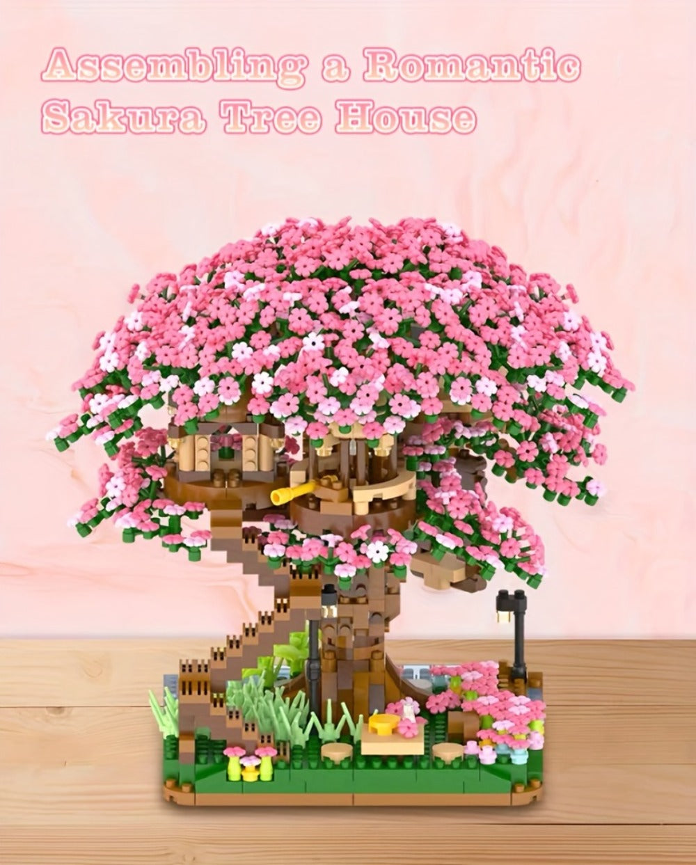 Building Block Set Cherry Blossom Tree House, 1020 or 2028 Micro Pieces with Pink Canopy and Base Display — image 14