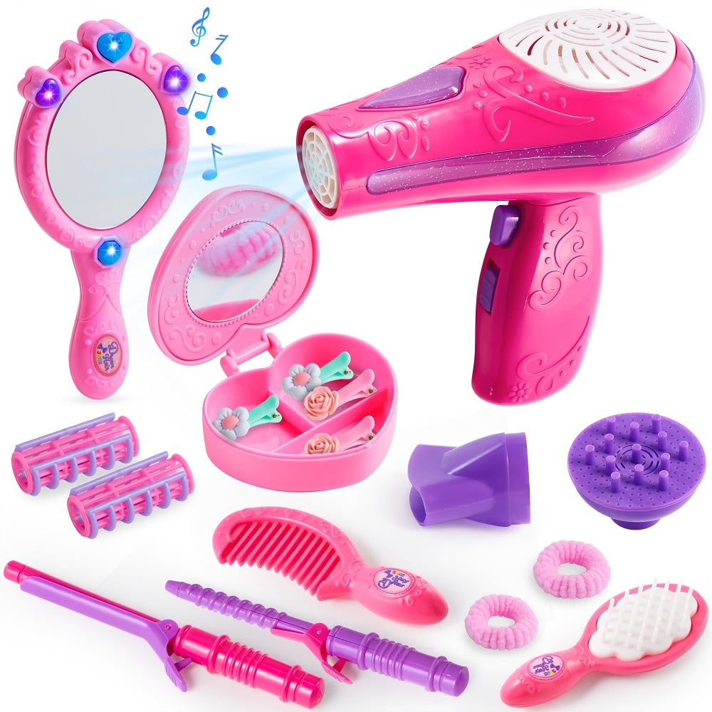 Girls Beauty Salon Toy Set 17 PCS, Pretend Play Hair Stylist Kit with Working Hairdryer Mirror Curling Wands Combs Clips & Je