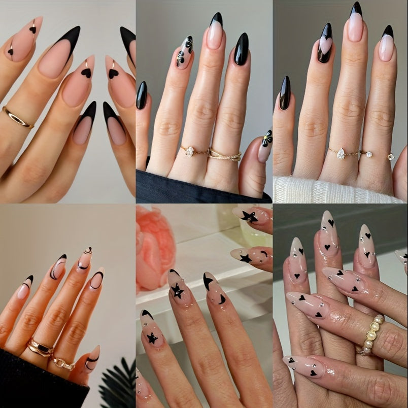 Press On Nails 144-Piece Short Almond Set with Pink Flowers, Rhinestones, Black French Tips and Glue — image 1
