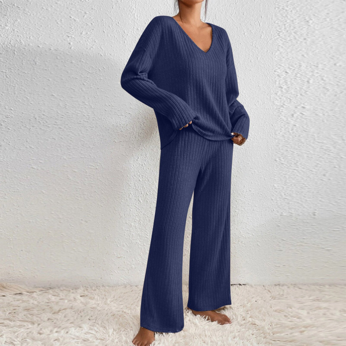 Long Sleeve V-neck Knitted Sunken Stripe Brushed Loose Leisure Suit