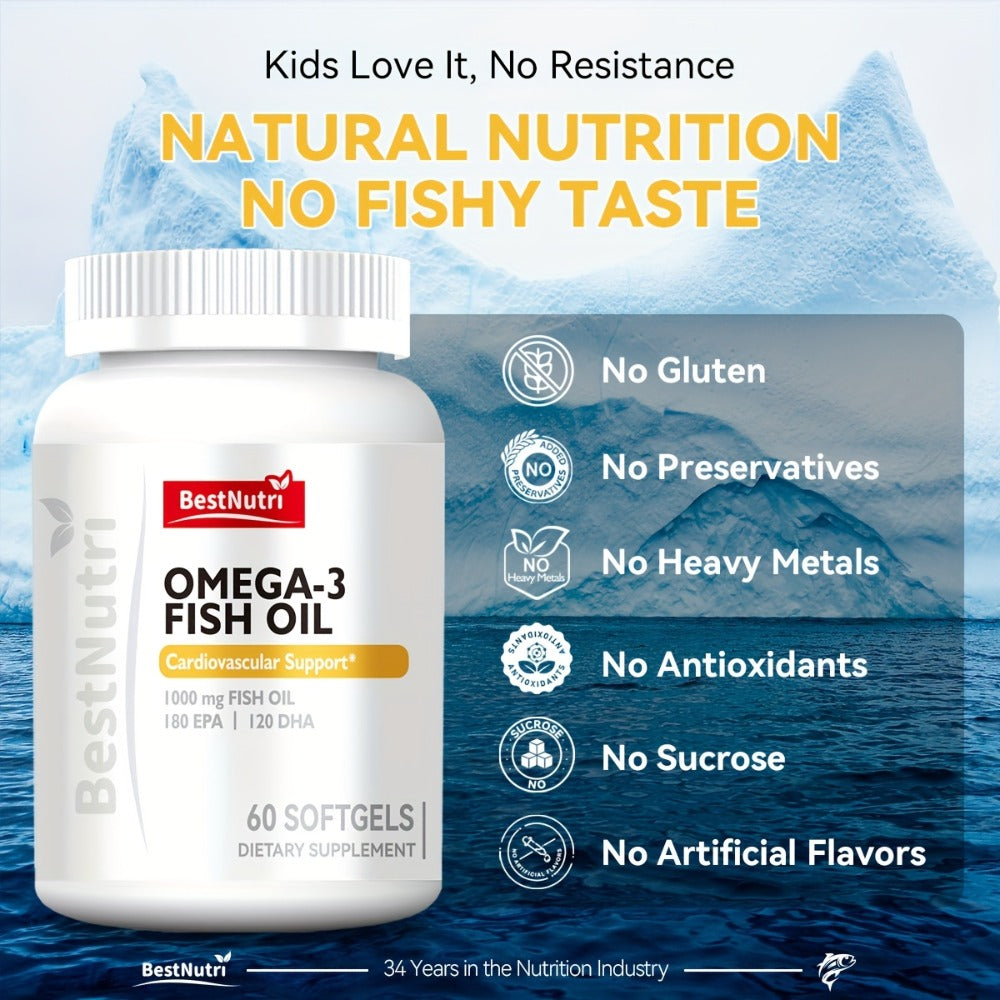 Omega-3 Fish Oil 2000mg Softgels with EPA & DHA, Cold-Extracted CGMP, Brain Vitality Heart Health Anti-Inflammatory Support —